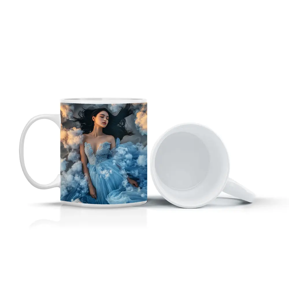 Woman Blue Dress Floating Among Clouds – Mugs