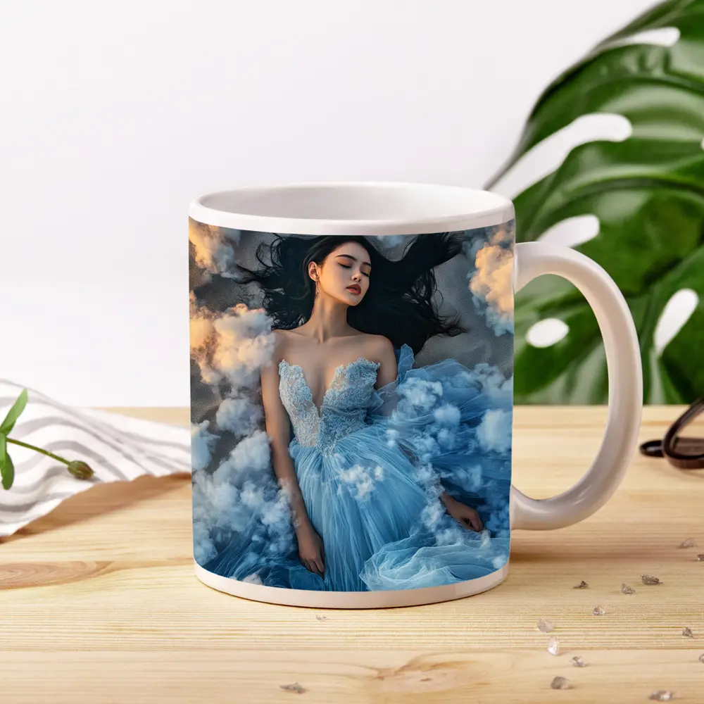 Woman Blue Dress Floating Among Clouds – Mugs