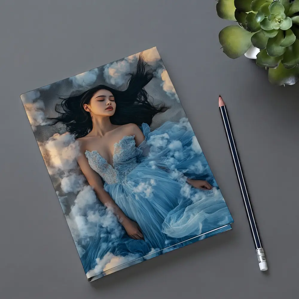 Woman Blue Dress Floating Among Clouds – Notebooks