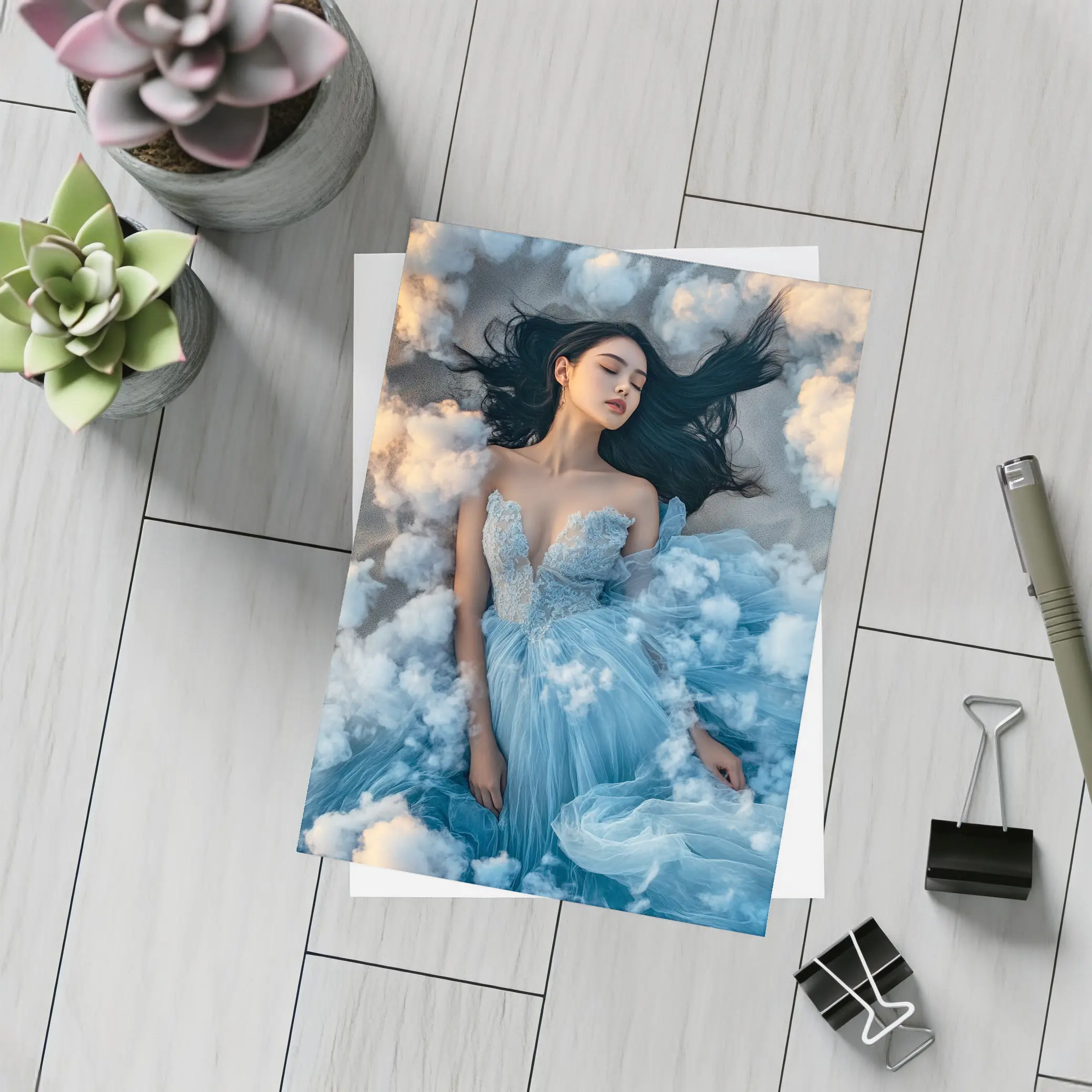 Woman Blue Dress Floating Among Clouds – Postcards