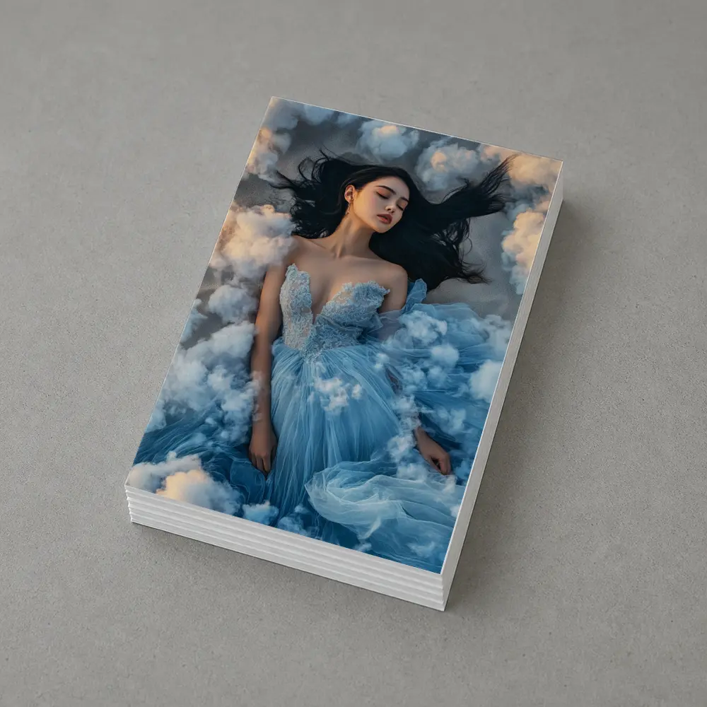Woman Blue Dress Floating Among Clouds – Postcards