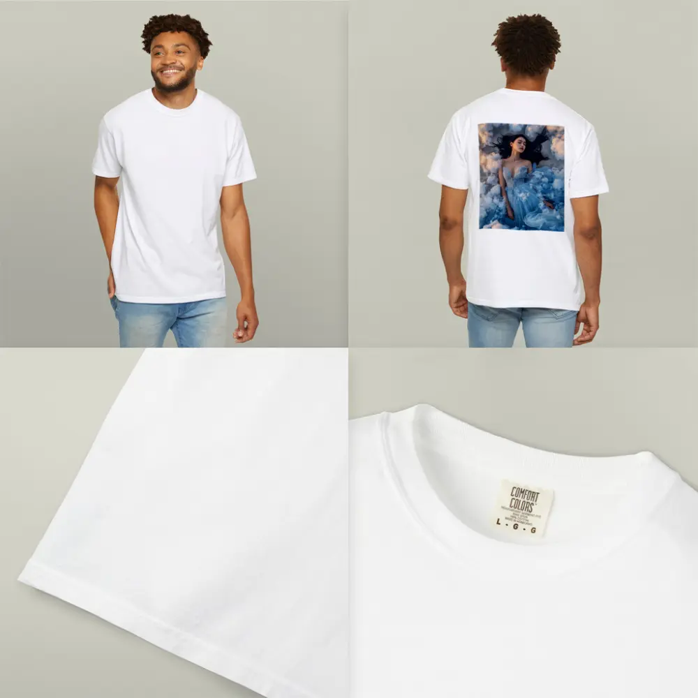 Woman Blue Dress Floating Among Clouds – T-Shirts