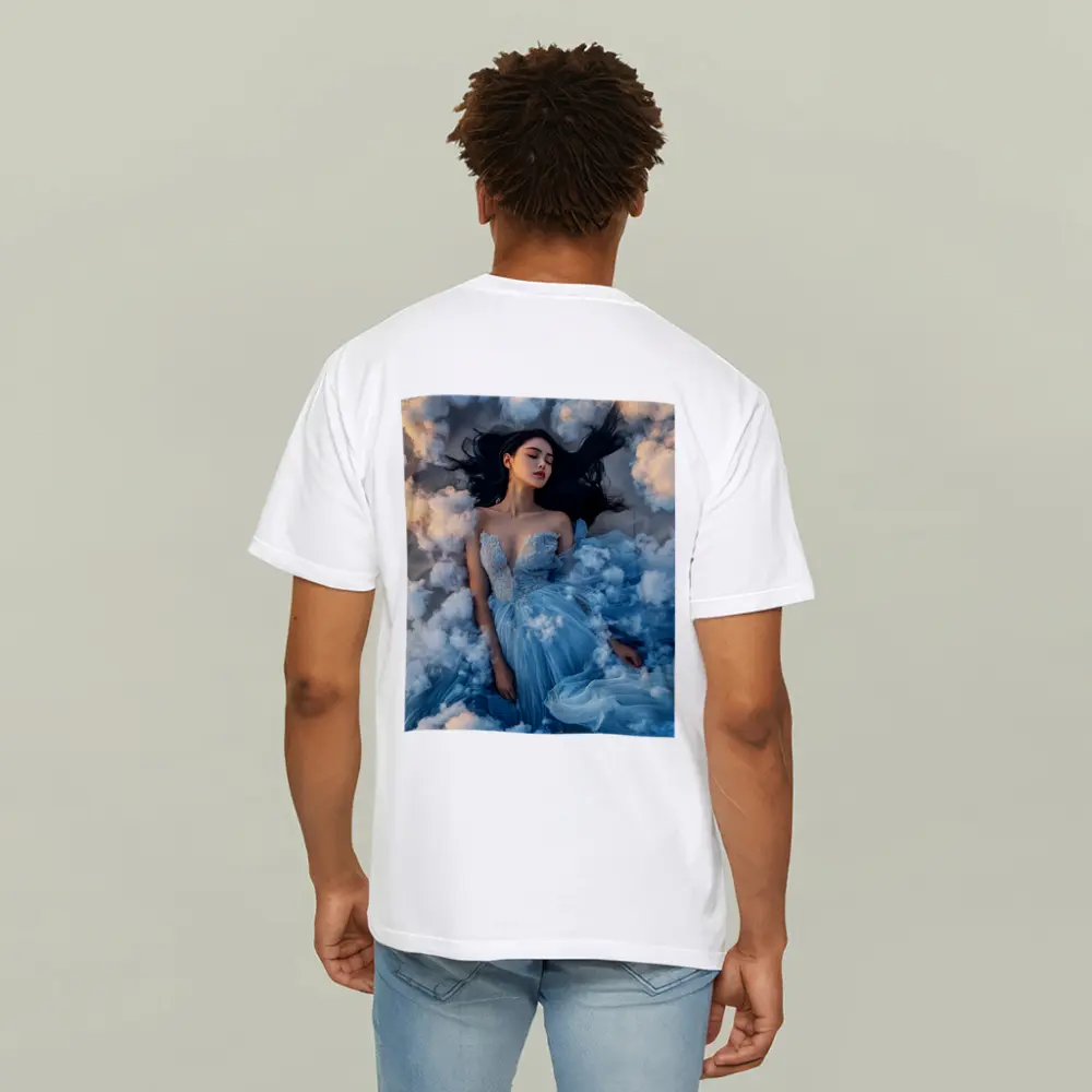 Woman Blue Dress Floating Among Clouds – T-Shirts