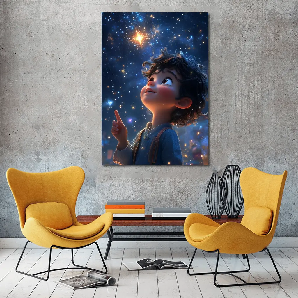 Cartoon Boy Pointing At Starry Night Sky – Wall Art