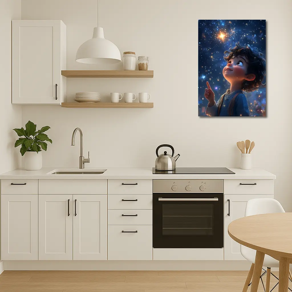 Cartoon Boy Pointing At Starry Night Sky – Wall Art