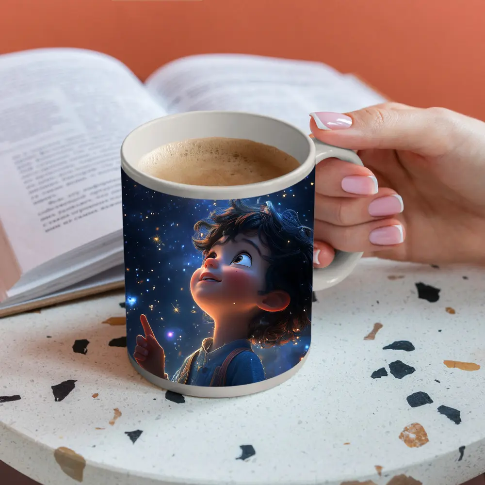 Cartoon Boy Pointing At Starry Night Sky – Mugs