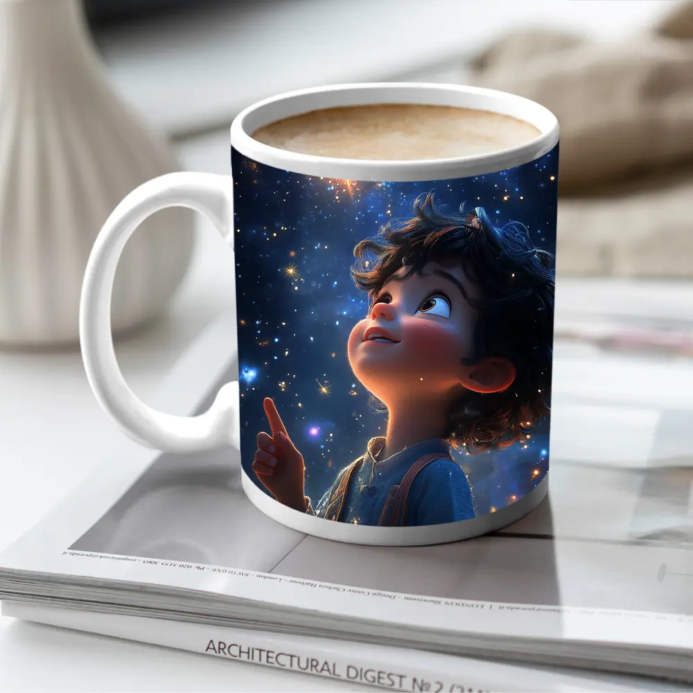 Cartoon Boy Pointing At Starry Night Sky – Mugs