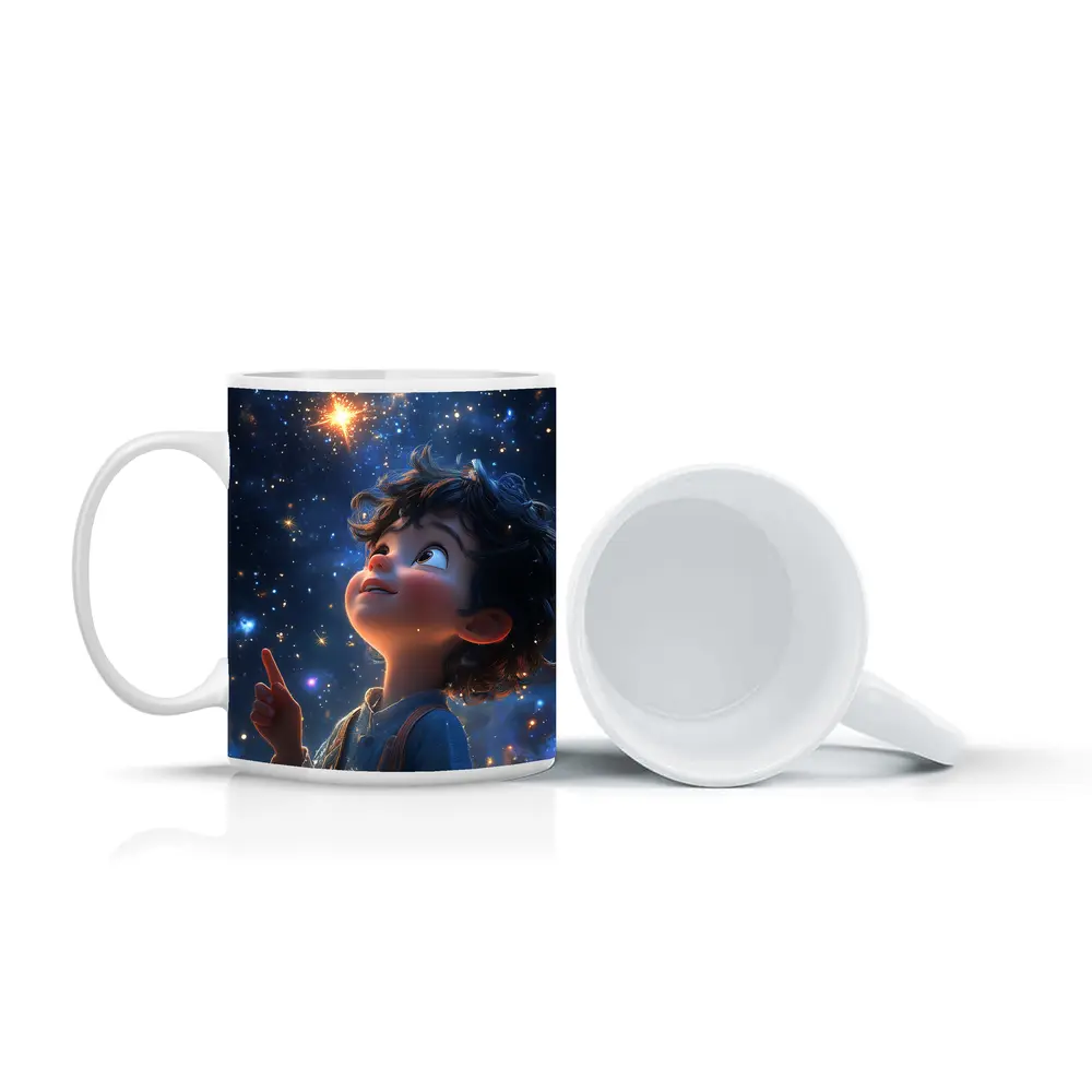 Cartoon Boy Pointing At Starry Night Sky – Mugs