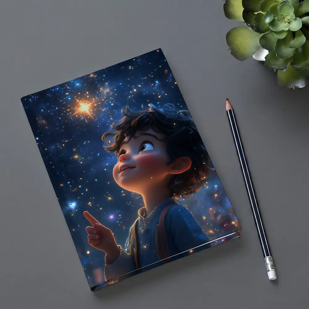 Cartoon Boy Pointing At Starry Night Sky – Notebooks