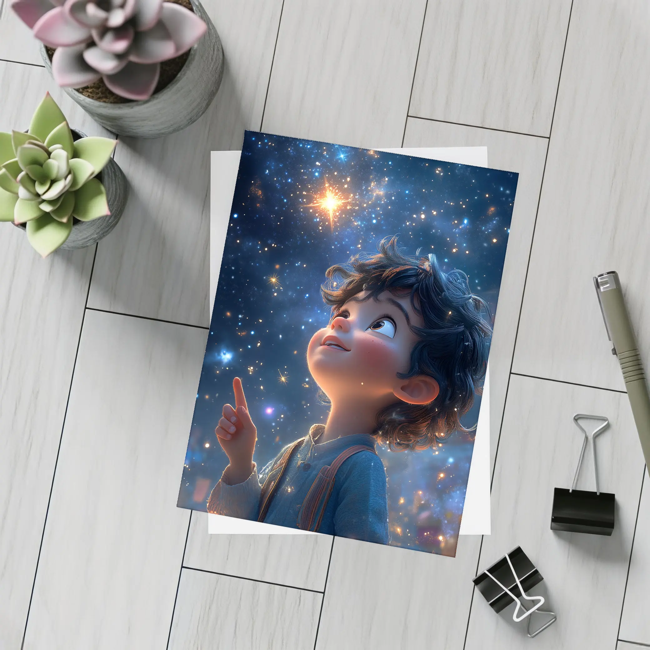Cartoon Boy Pointing At Starry Night Sky – Postcards