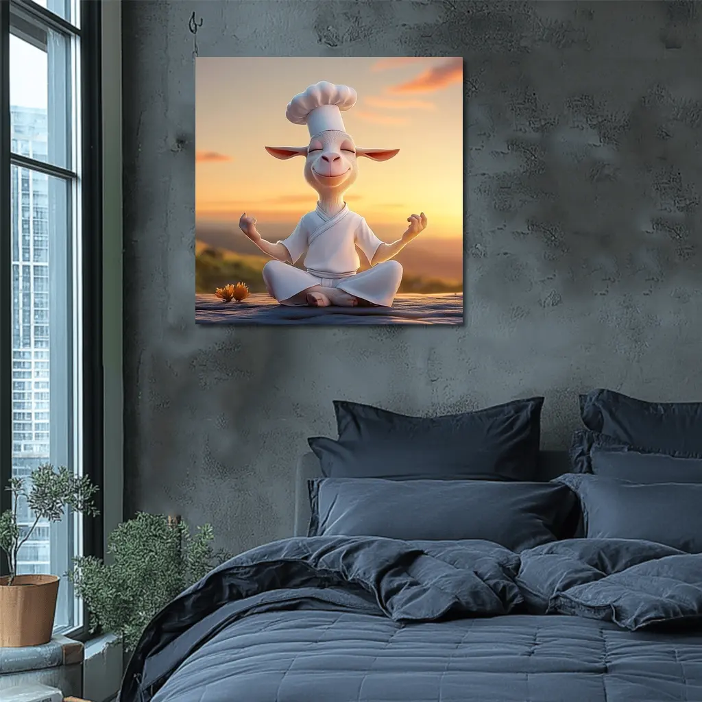 Meditating Goat Chef Sunset Sky Background – Wall Art