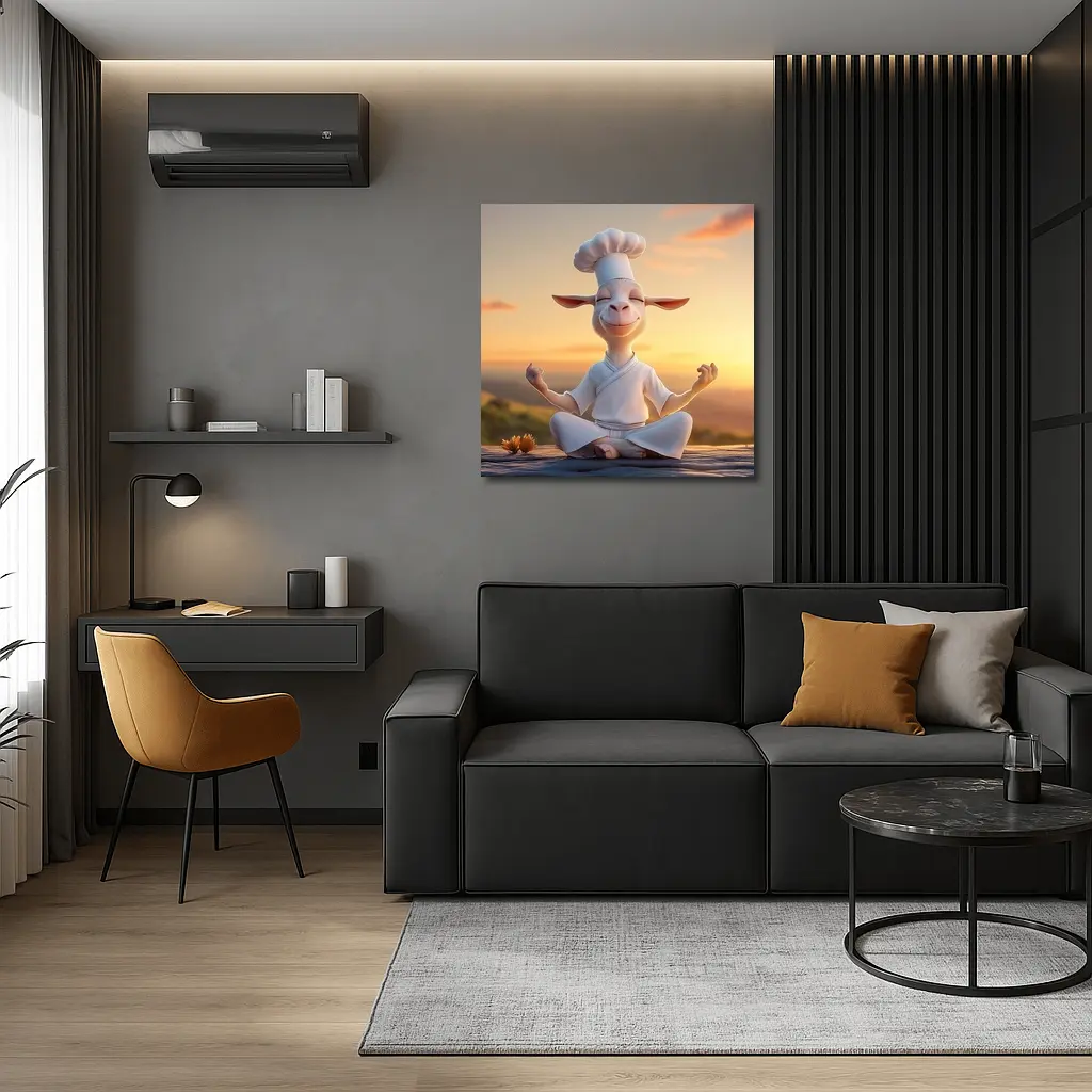 Meditating Goat Chef Sunset Sky Background – Wall Art