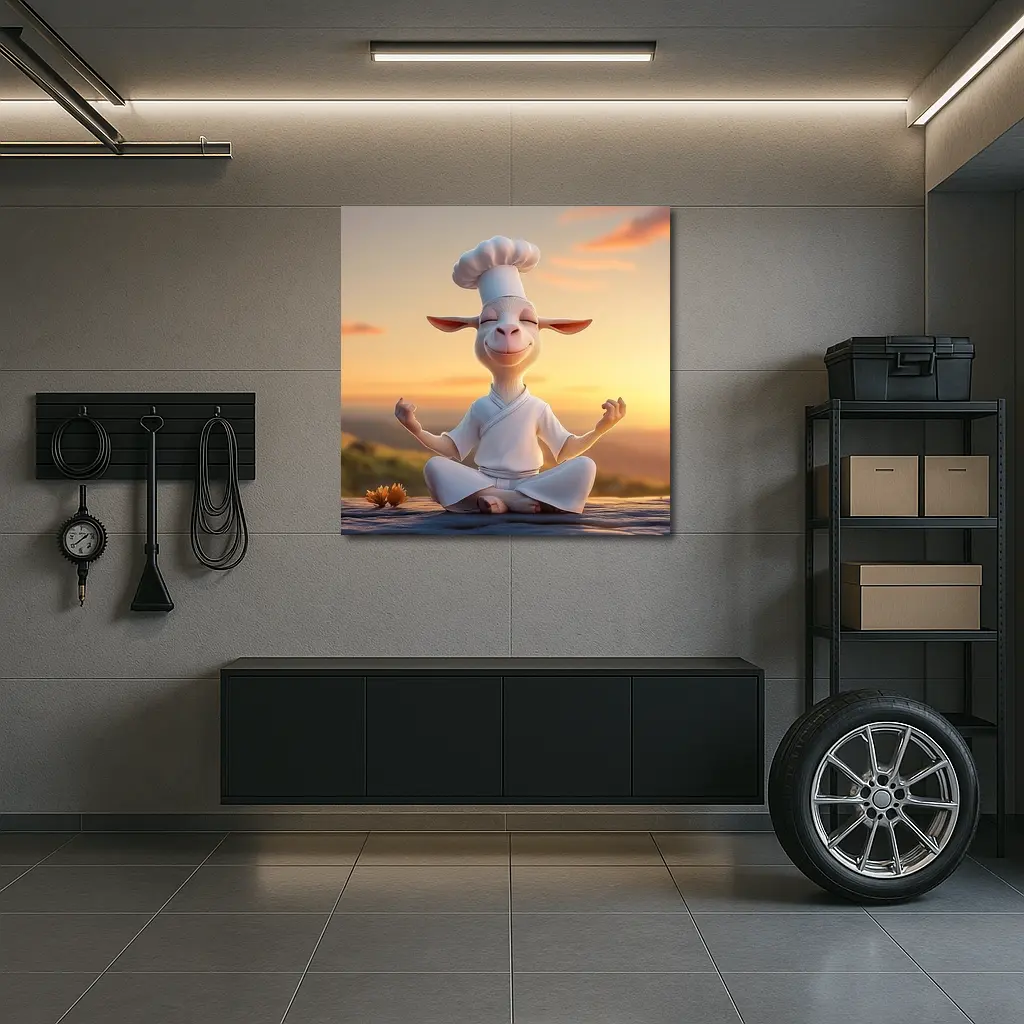 Meditating Goat Chef Sunset Sky Background – Wall Art