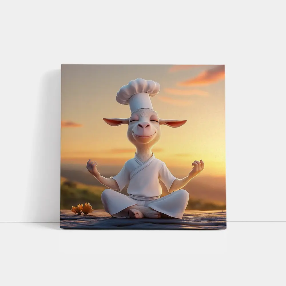 Meditating Goat Chef Sunset Sky Background – Wall Art