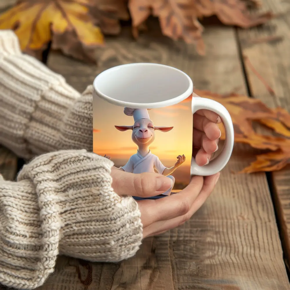 Meditating Goat Chef Sunset Sky Background – Mugs