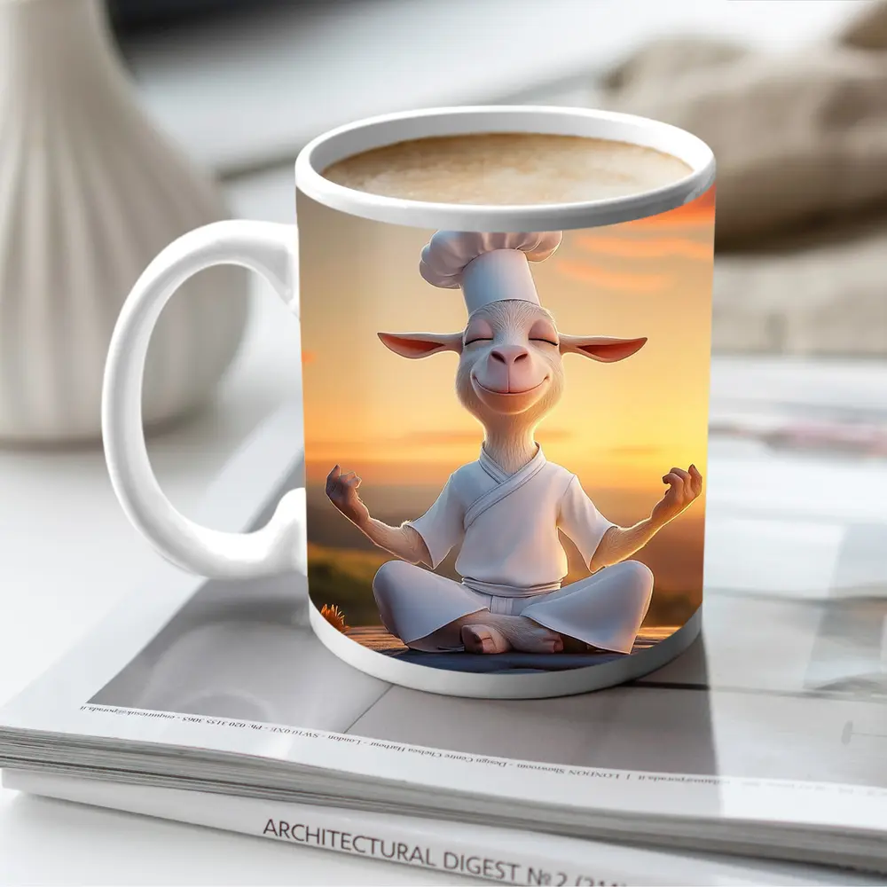 Meditating Goat Chef Sunset Sky Background – Mugs