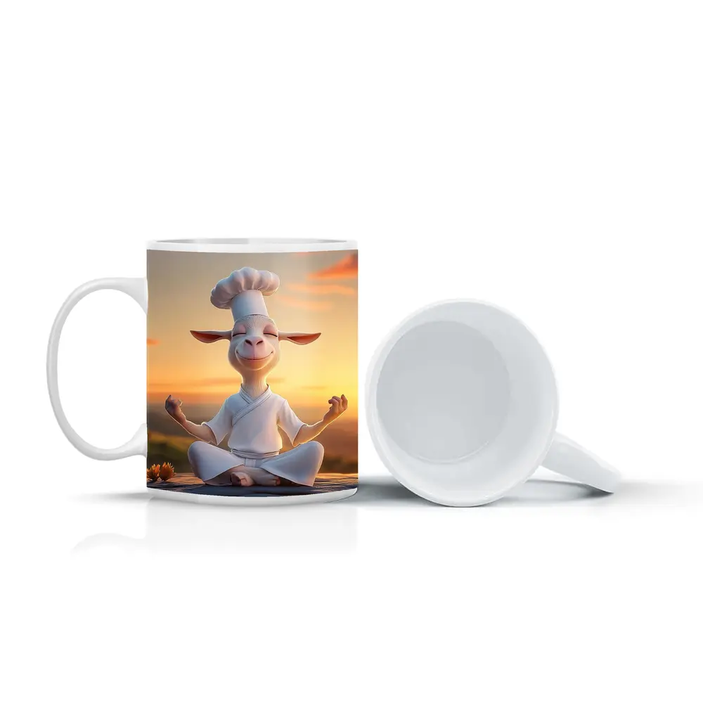 Meditating Goat Chef Sunset Sky Background – Mugs