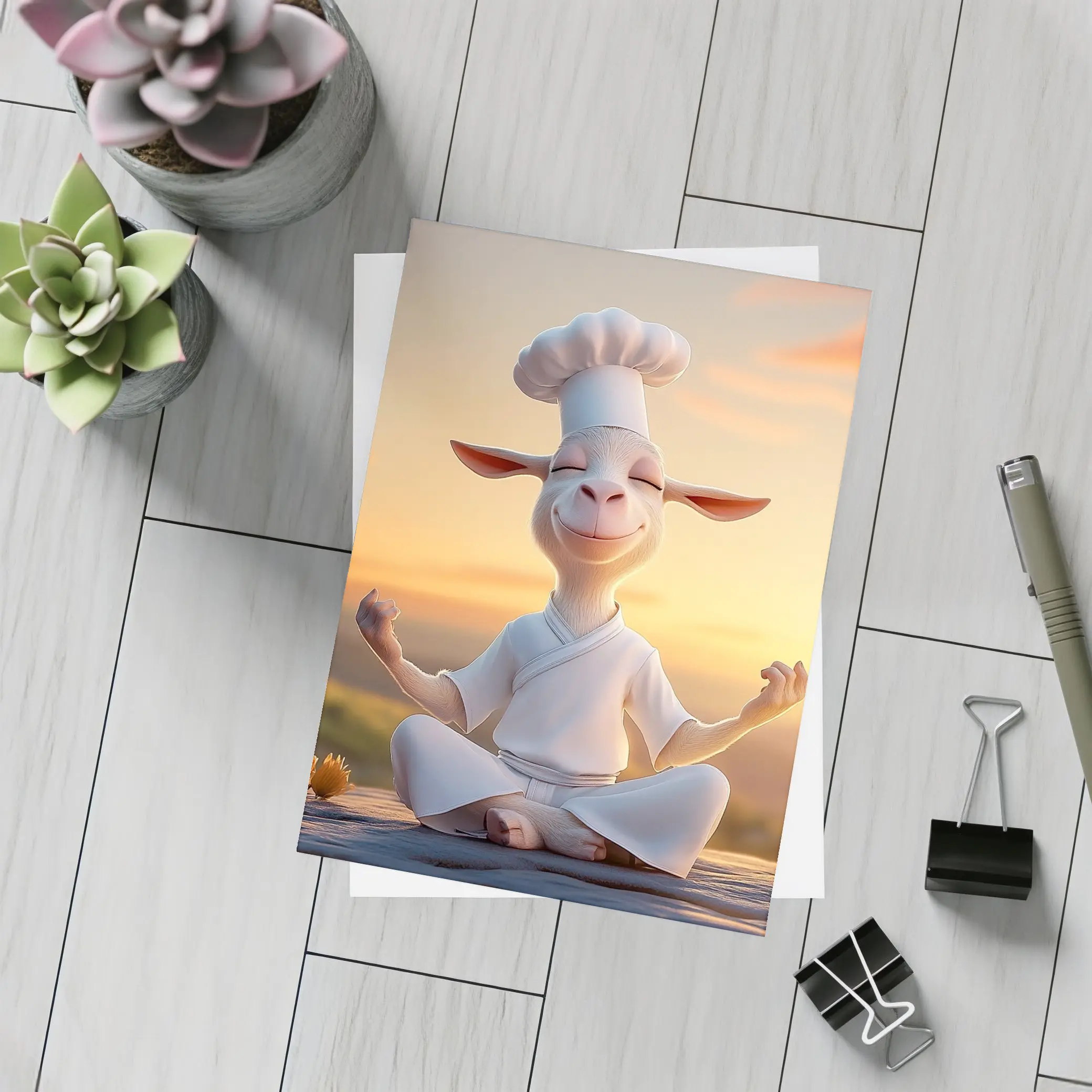Meditating Goat Chef Sunset Sky Background – Postcards