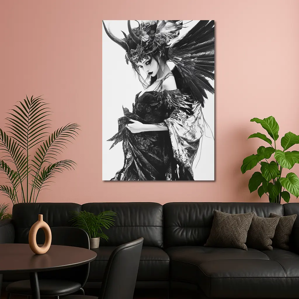 Dark Gothic Woman Black Feathers Fantasy Art – Wall Art
