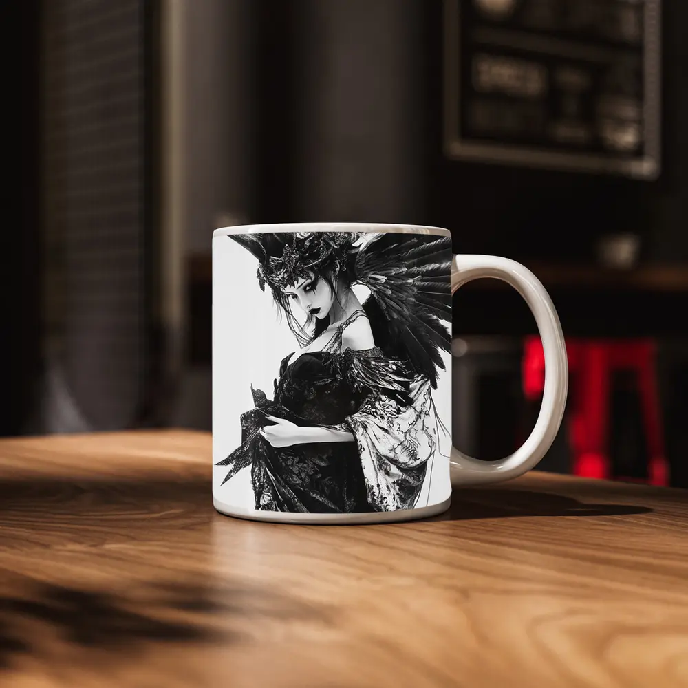 Dark Gothic Woman Black Feathers Fantasy Art – Mugs