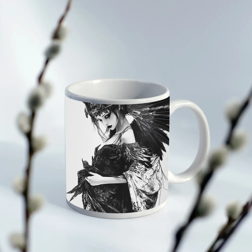 Dark Gothic Woman Black Feathers Fantasy Art – Mugs