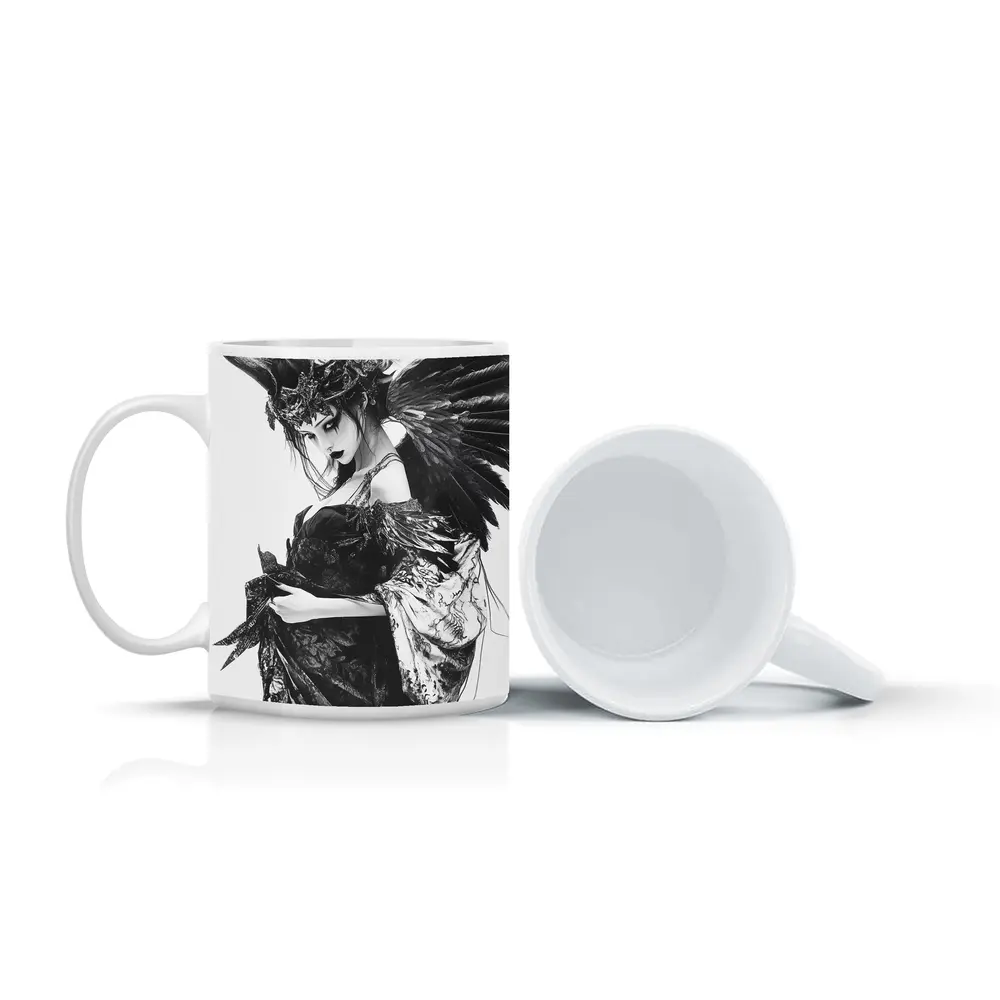 Dark Gothic Woman Black Feathers Fantasy Art – Mugs