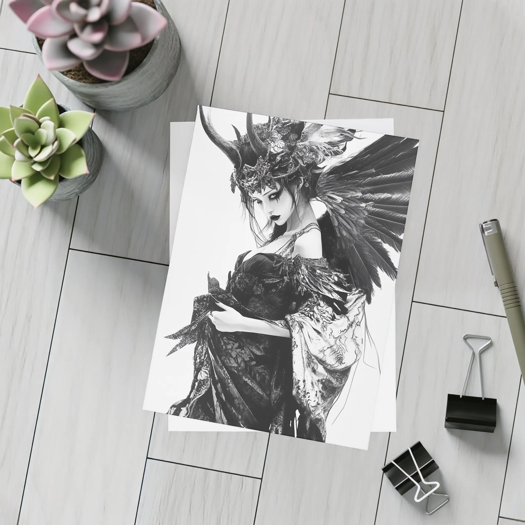 Dark Gothic Woman Black Feathers Fantasy Art – Postcards