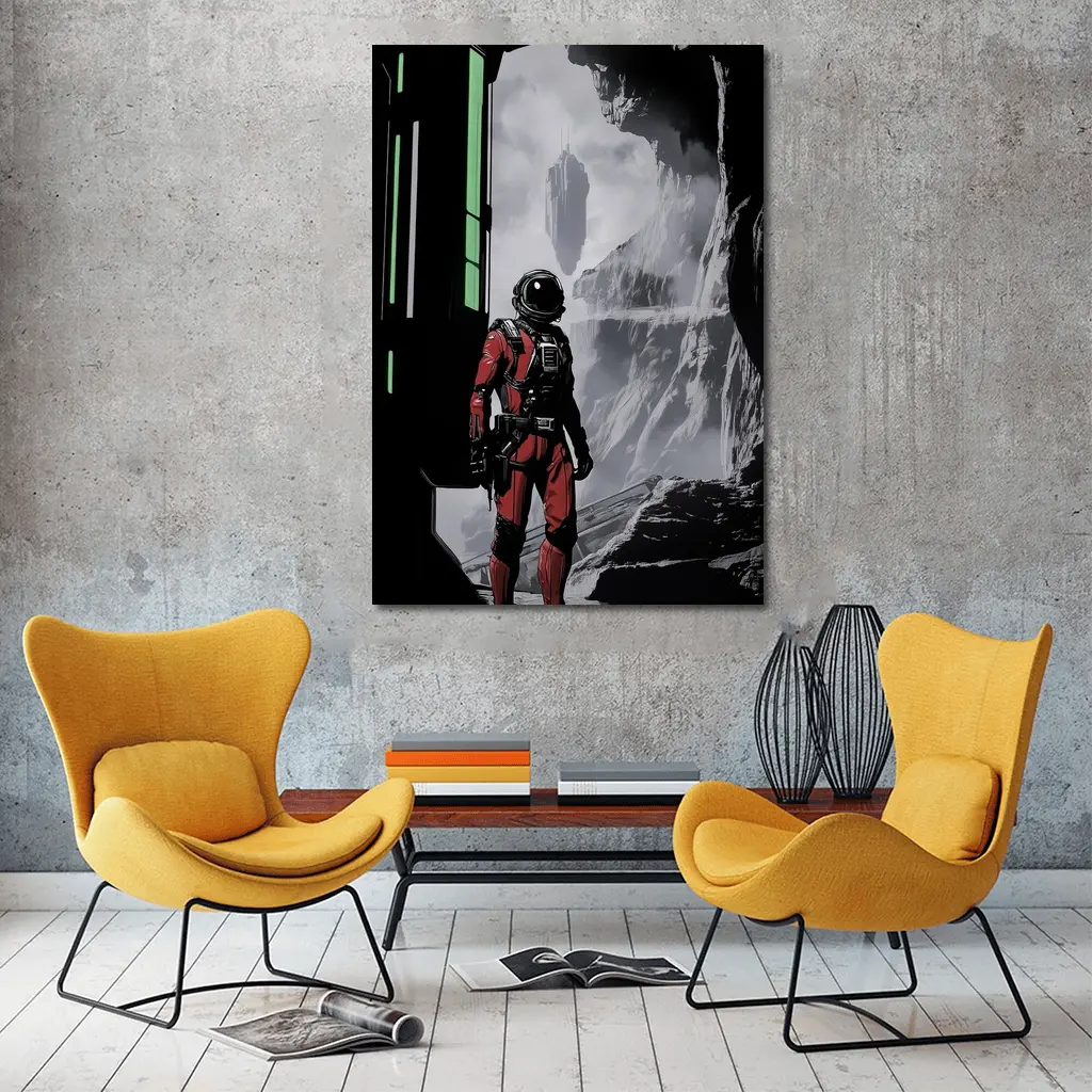 Red Astronaut Standing In Alien Cave – Wall Art