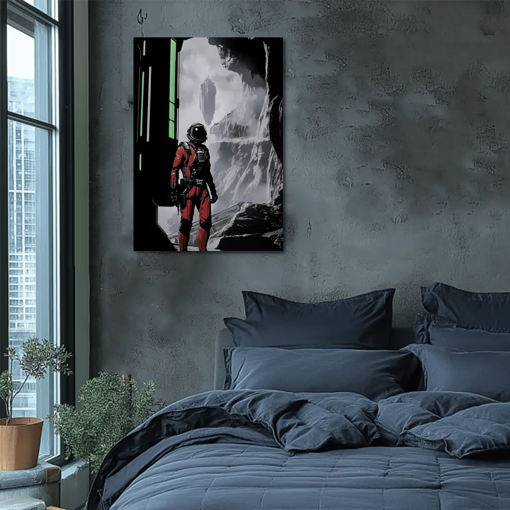 Red Astronaut Standing In Alien Cave – Wall Art