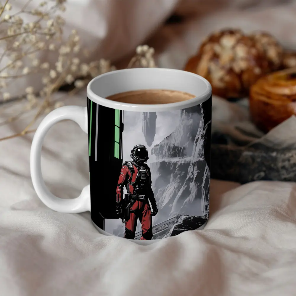 Red Astronaut Standing In Alien Cave – Mugs