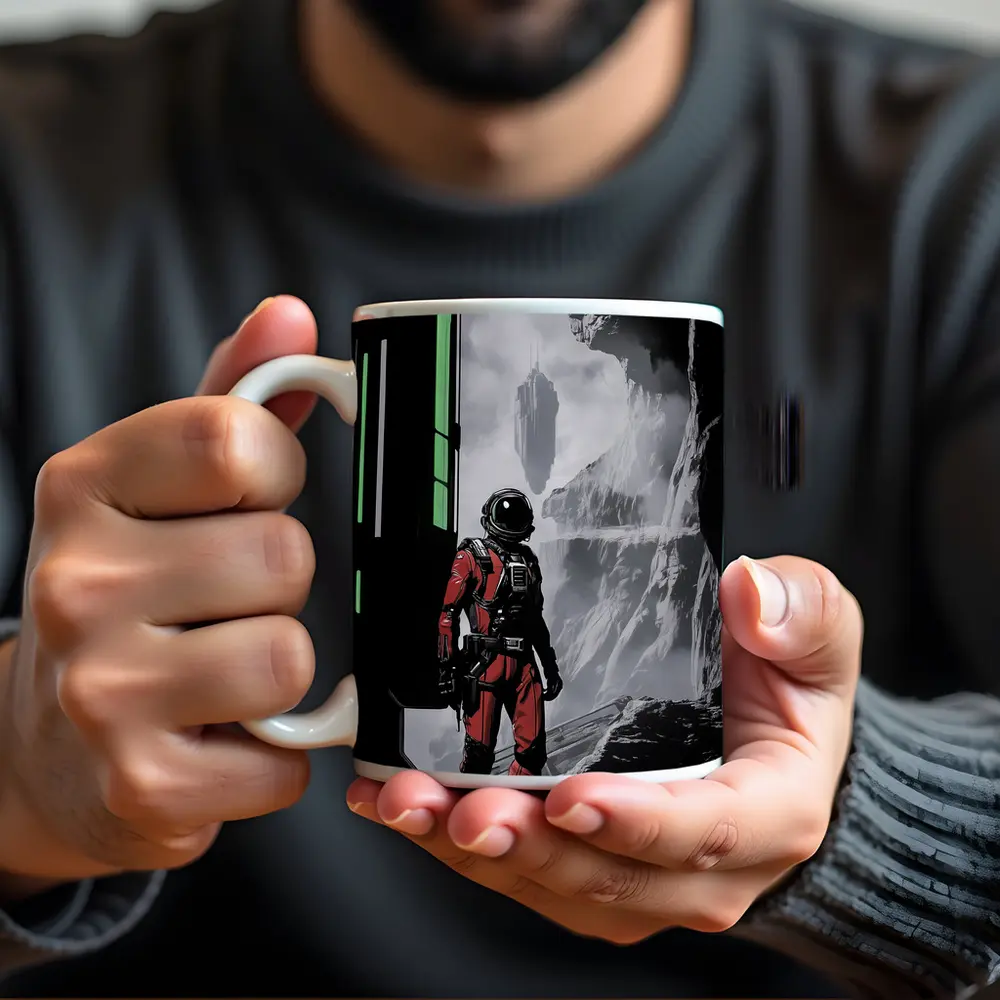 Red Astronaut Standing In Alien Cave – Mugs