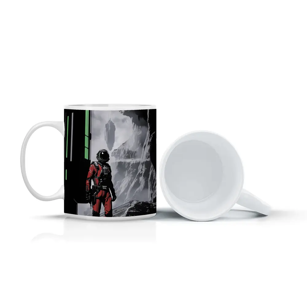 Red Astronaut Standing In Alien Cave – Mugs