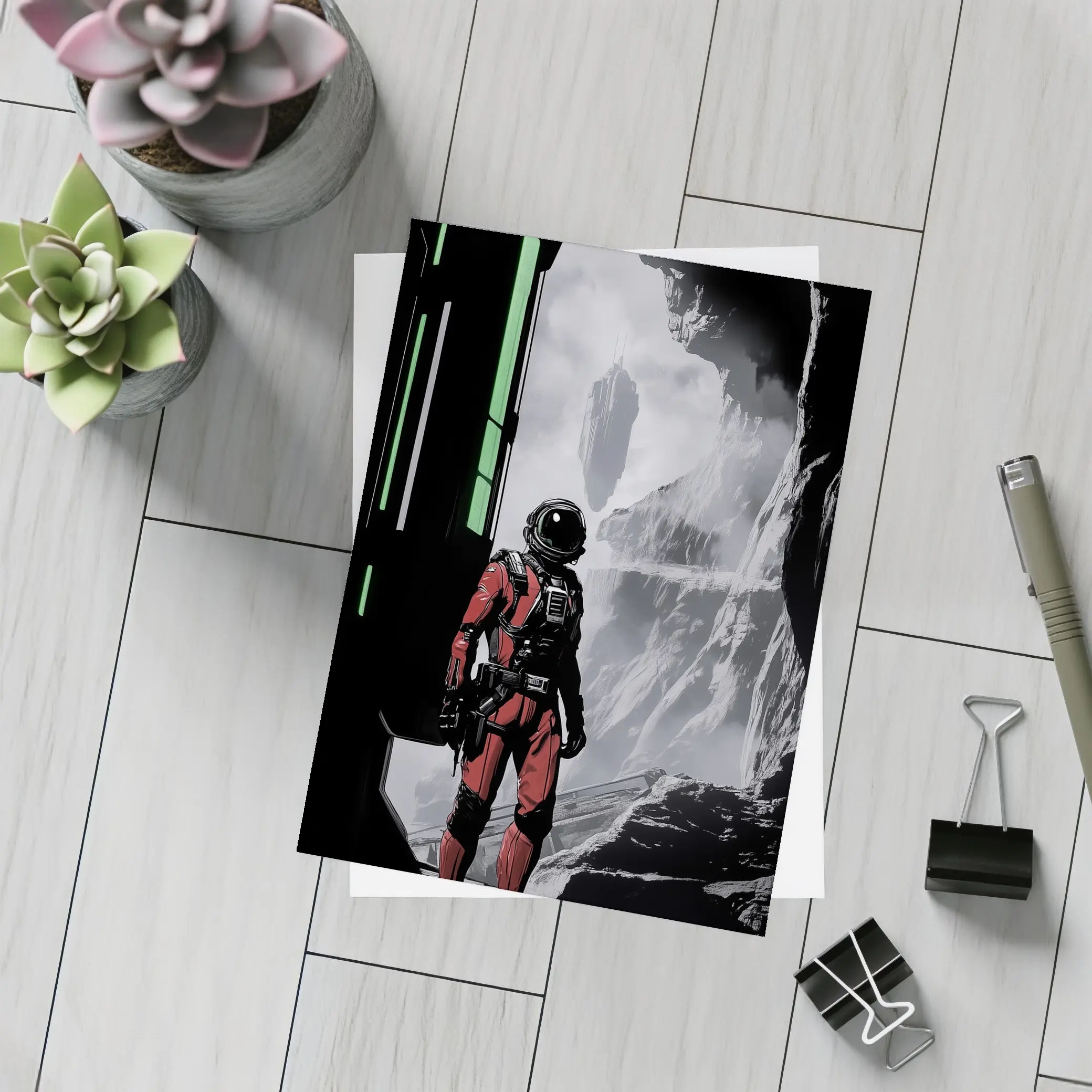 Red Astronaut Standing In Alien Cave – Postcards
