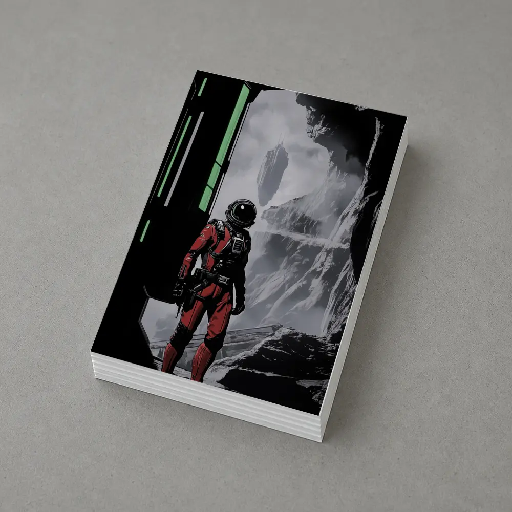 Red Astronaut Standing In Alien Cave – Postcards