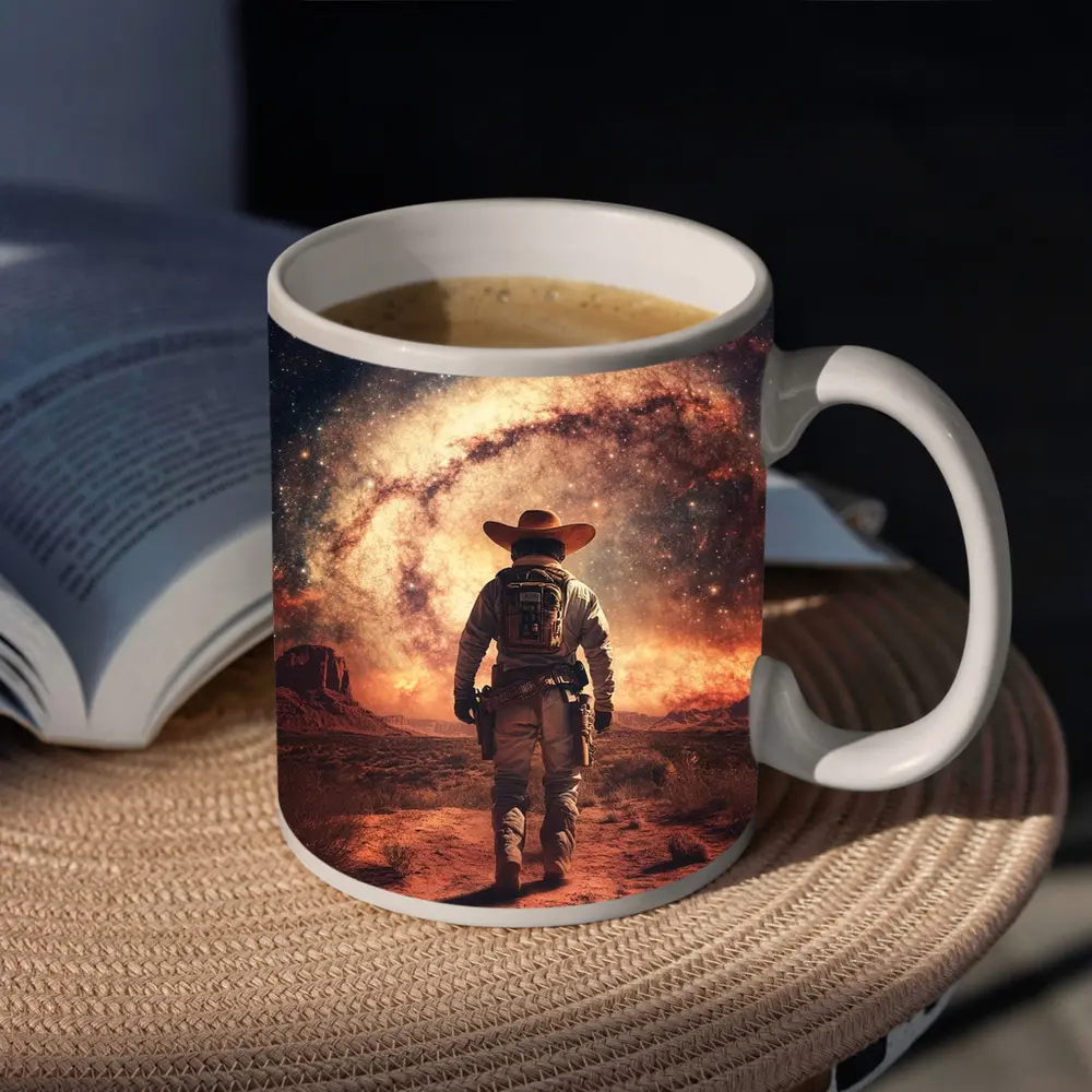 Space Cowboy Walking Through Desert Galaxy – Mugs