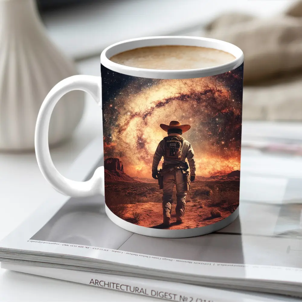 Space Cowboy Walking Through Desert Galaxy – Mugs
