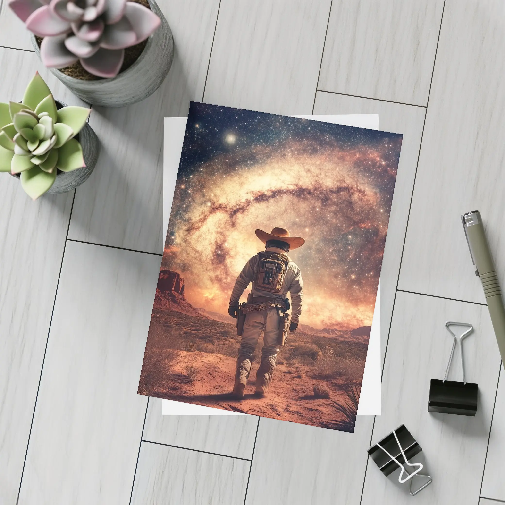 Space Cowboy Walking Through Desert Galaxy – Postcards