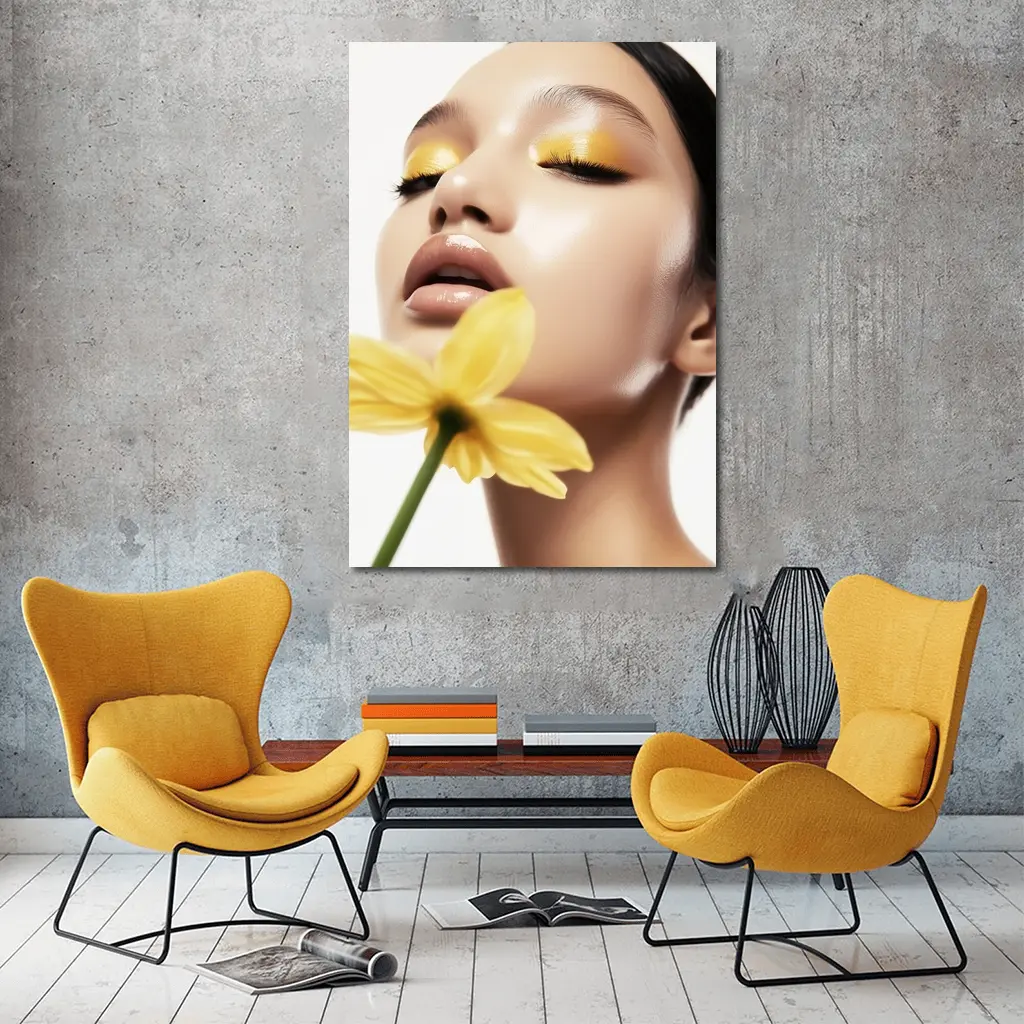 Woman Yellow Eye Makeup Flower Beauty – Wall Art
