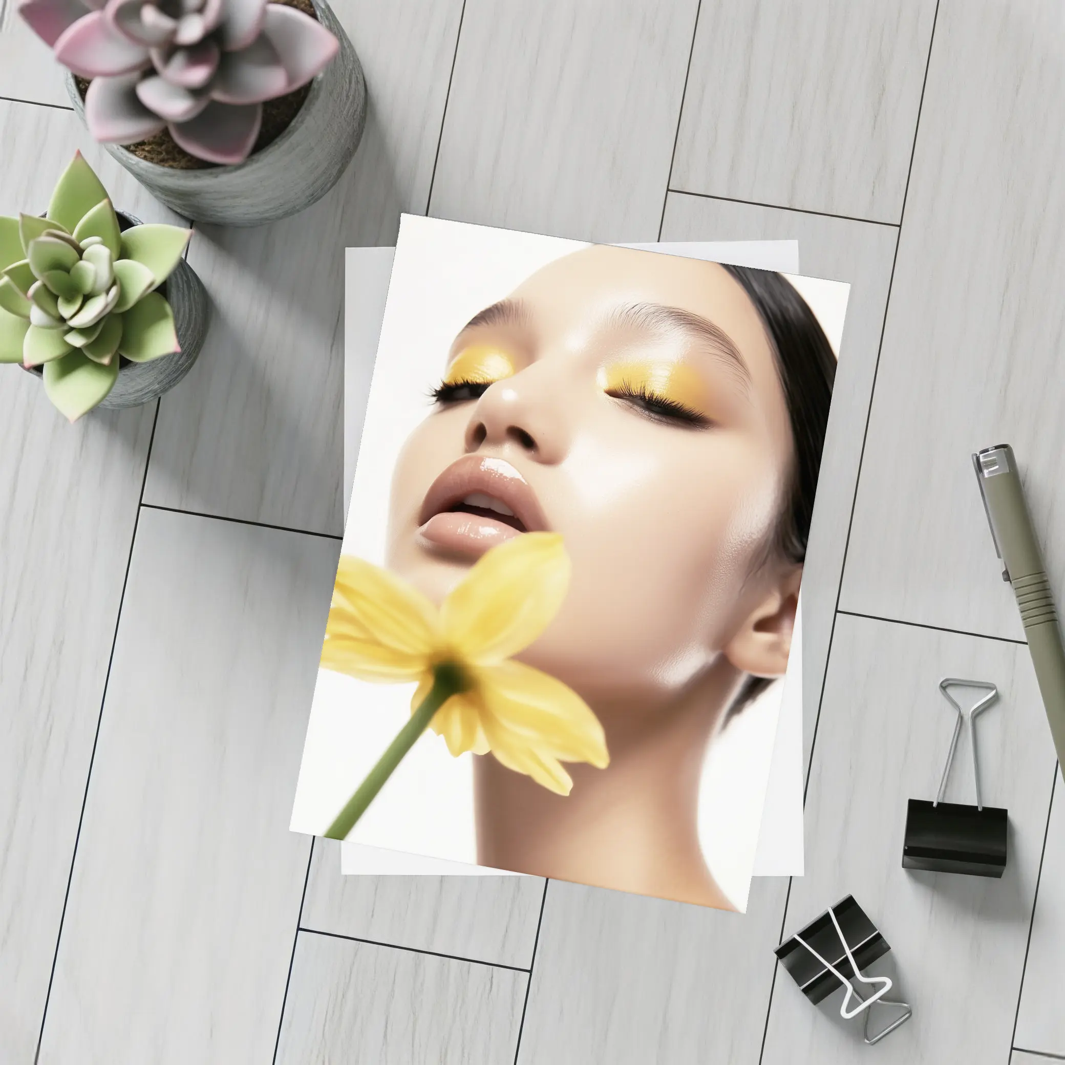Woman Yellow Eye Makeup Flower Beauty – Postcards