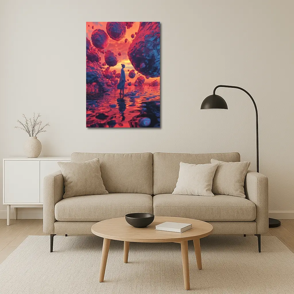 Surreal Woman Standing Among Floating Rocks – Wall Art