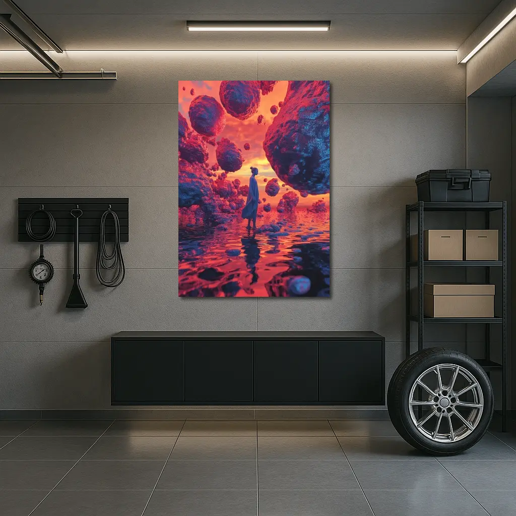 Surreal Woman Standing Among Floating Rocks – Wall Art
