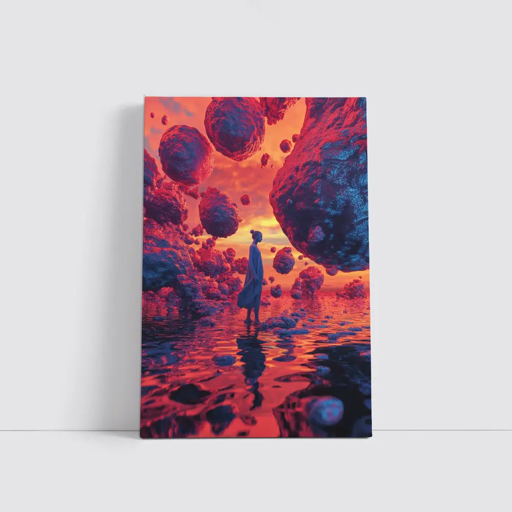 Surreal Woman Standing Among Floating Rocks – Wall Art