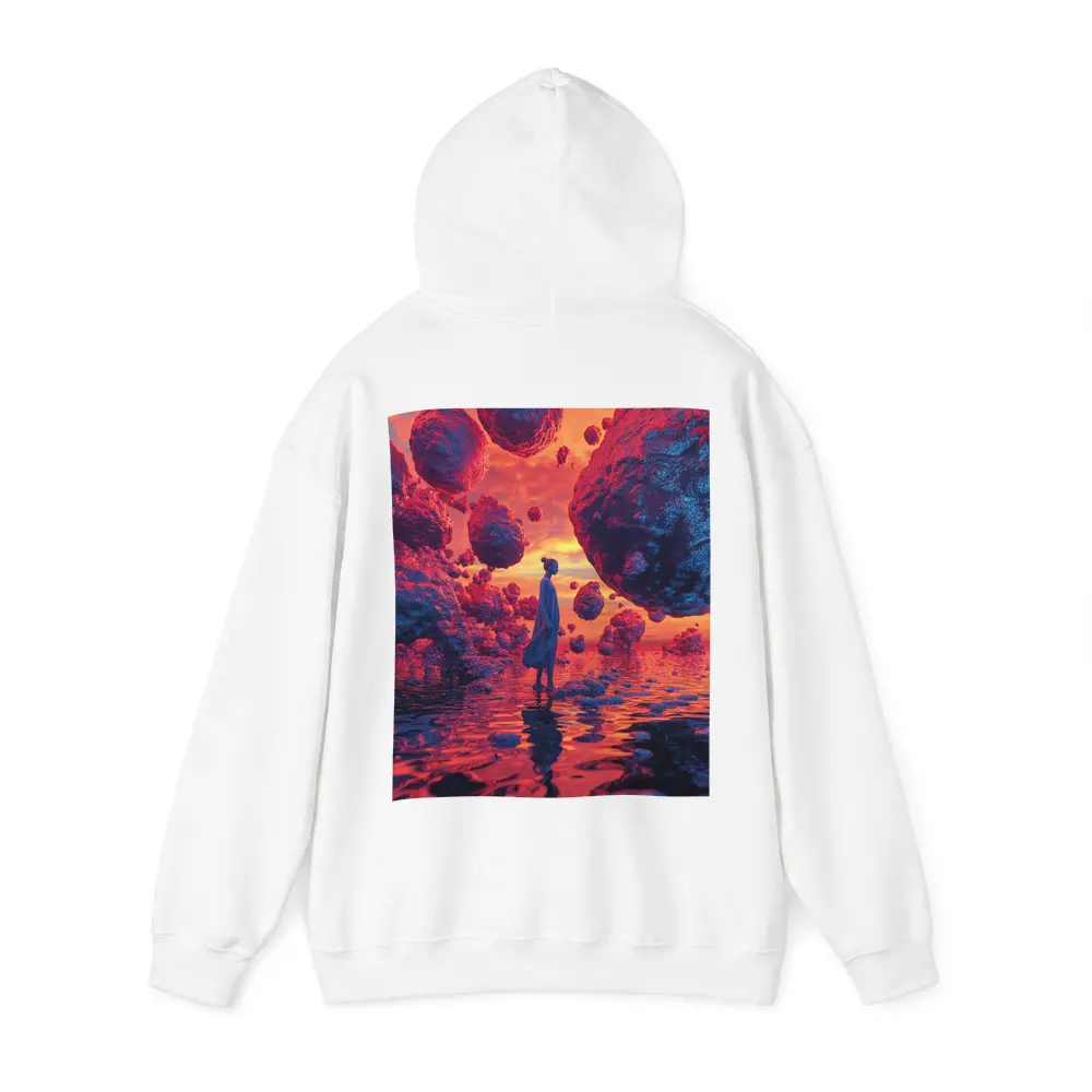 Surreal Woman Standing Among Floating Rocks – Hoodies