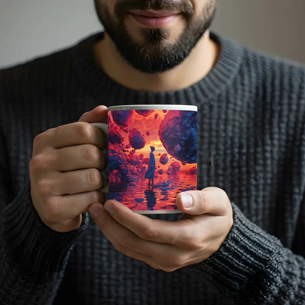 Surreal Woman Standing Among Floating Rocks – Mugs