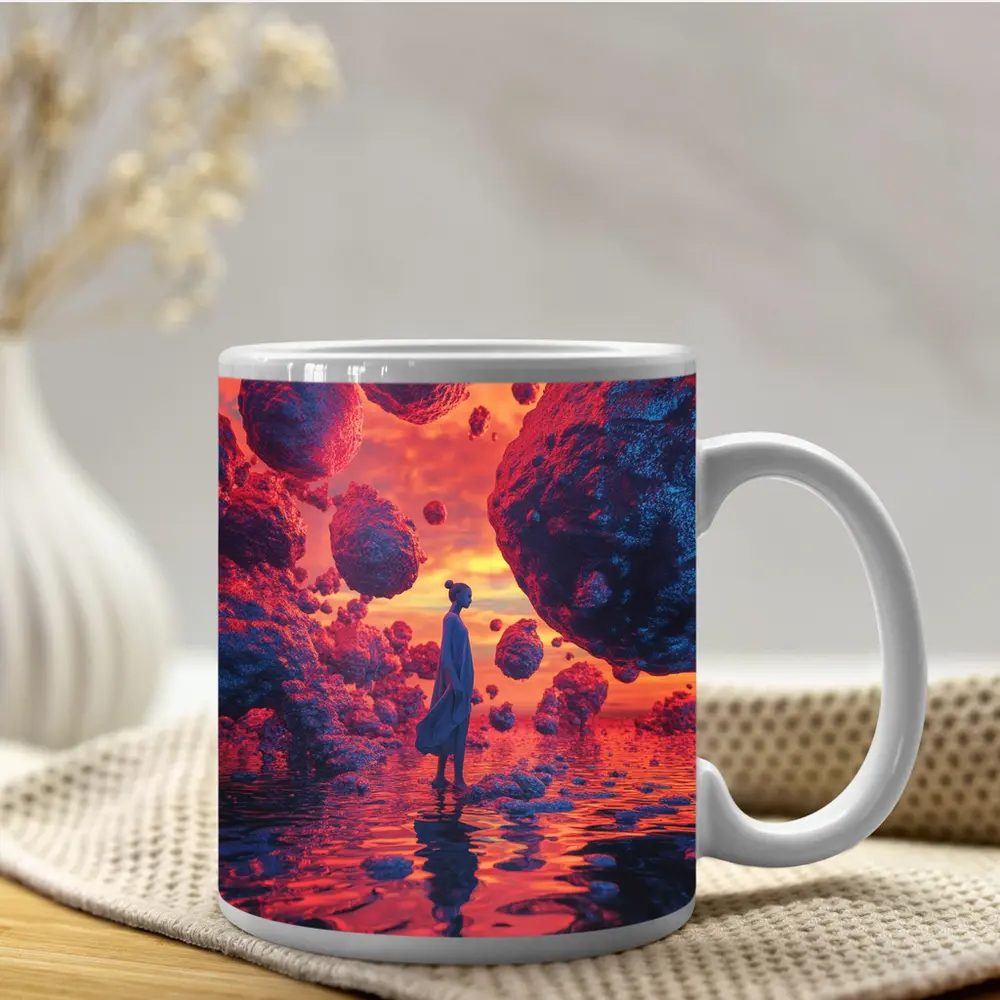 Surreal Woman Standing Among Floating Rocks – Mugs