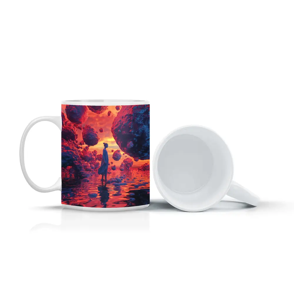Surreal Woman Standing Among Floating Rocks – Mugs