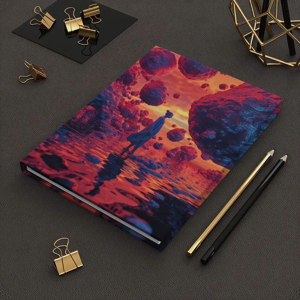 Surreal Woman Standing Among Floating Rocks – Notebooks