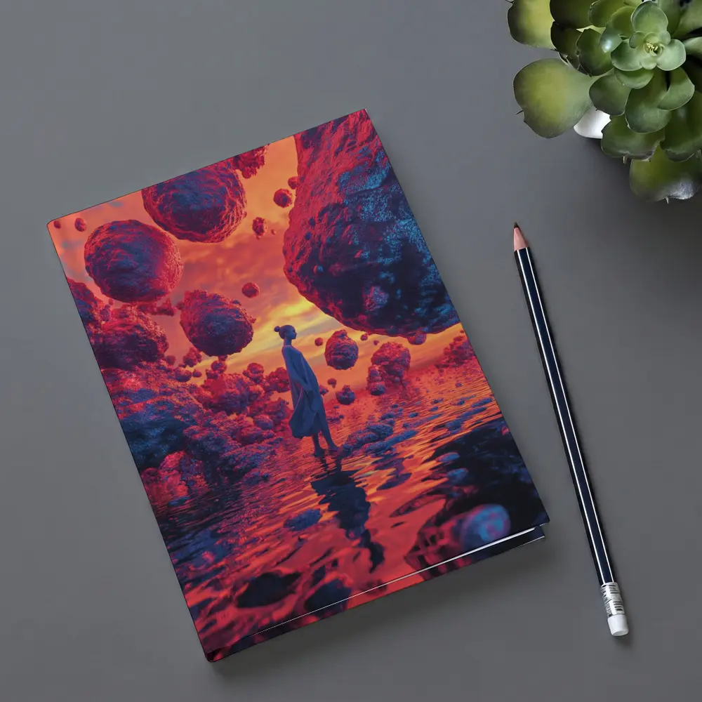 Surreal Woman Standing Among Floating Rocks – Notebooks