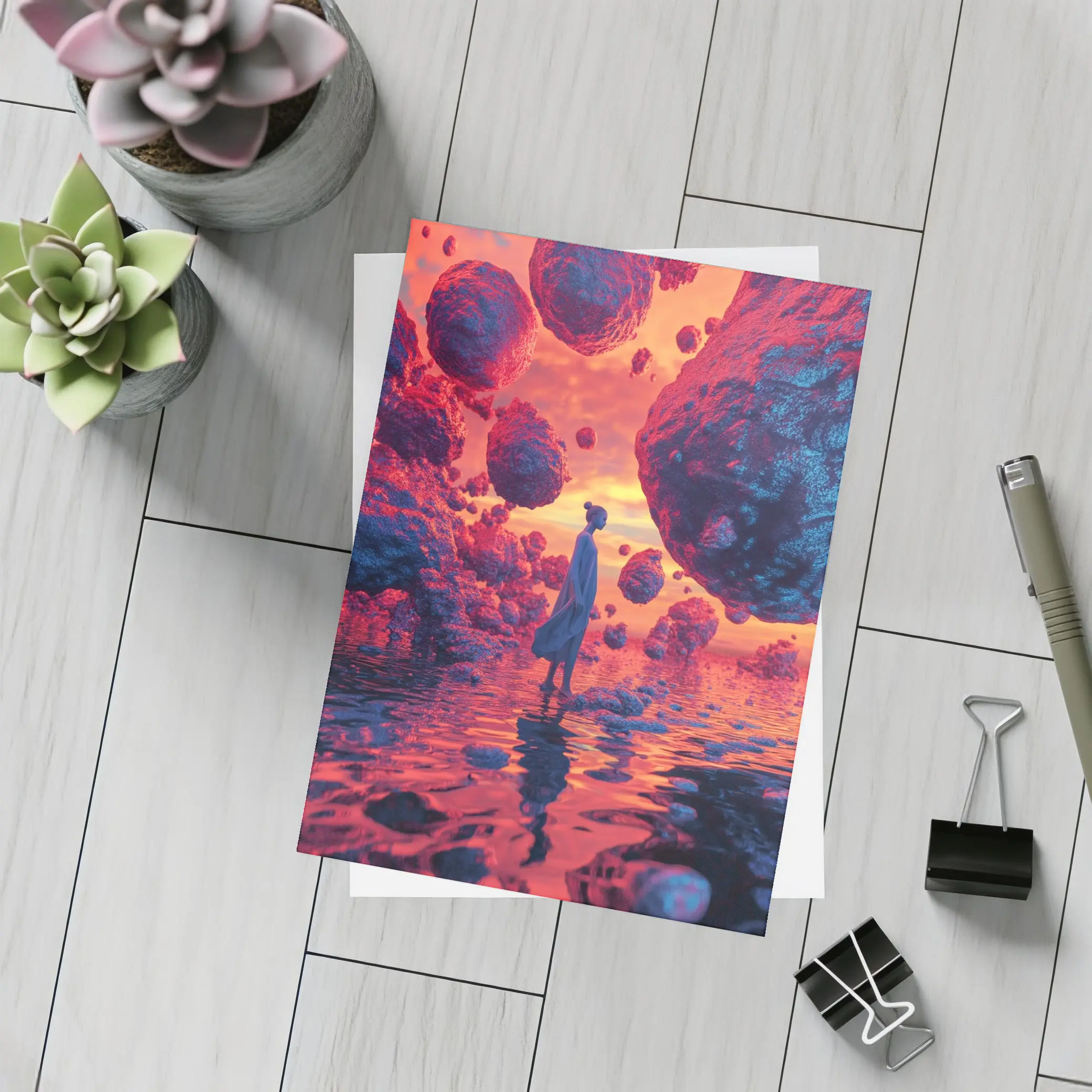 Surreal Woman Standing Among Floating Rocks – Postcards