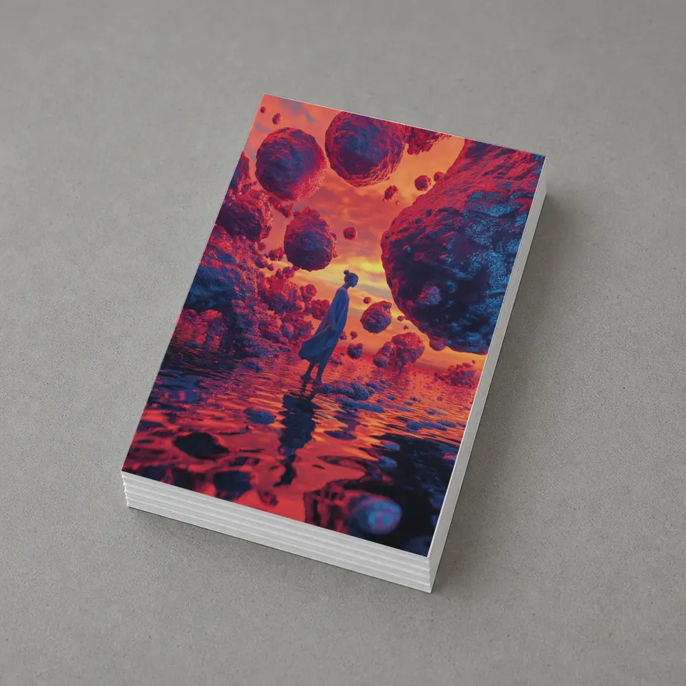 Surreal Woman Standing Among Floating Rocks – Postcards